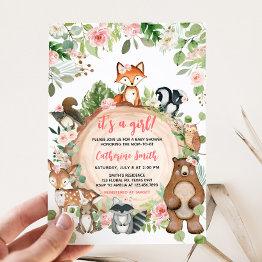 Small Woodland Animals Floral Wood Slice Baby Shower Invitation Front View