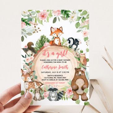 woodland animals floral wood slice baby shower invitation