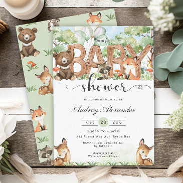woodland animals forest greenery baby shower invitation