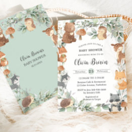 Small Woodland Animals Sage Greenery Neutral Baby Shower Invitation Front View