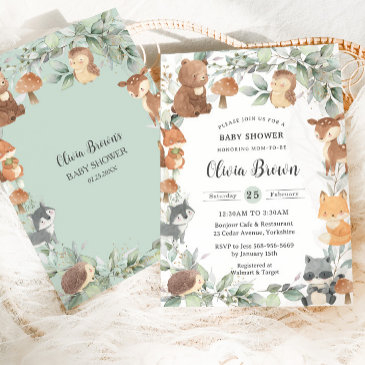 woodland animals sage greenery neutral baby shower invitation