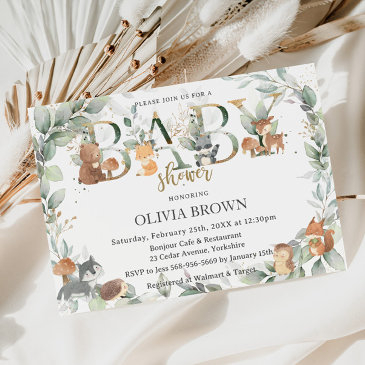 woodland animals sage greenery neutral baby shower invitation