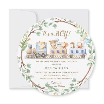 woodland animals train greenery baby shower  invitation