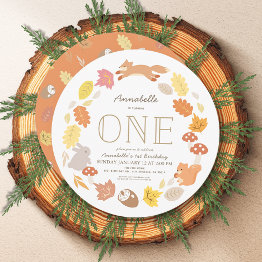 Small Woodland Animals Wreath 1st Birthday Invitation Front View