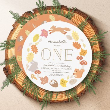 woodland animals wreath 1st birthday invitation