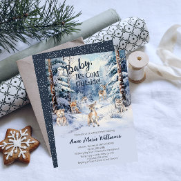 Small Woodland Baby Animals Winter Boy Baby Sprinkle Invitation Front View