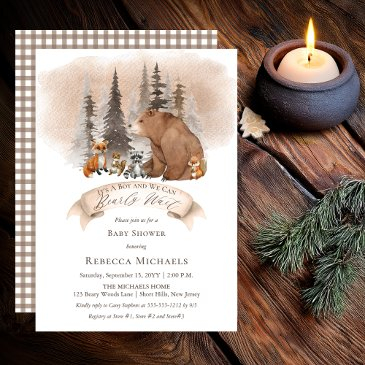 woodland bear |animals bearly wait boy baby shower invitation