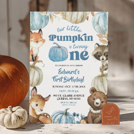 Small Woodland Blue Boho Pumpkin Boy 1st Birthday Invitation Front View