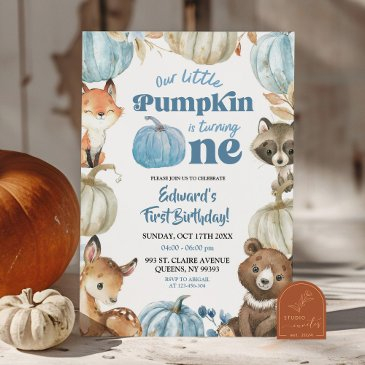 woodland blue boho pumpkin boy 1st birthday invitation