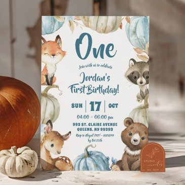 woodland boy blue pumpkin 1st birthday invitation