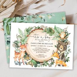 Small Woodland Forest Greenery Wild Animals Baby Shower Invitation Front View