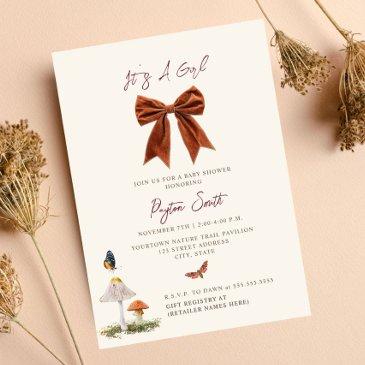 woodland mushroom bow girl baby shower invitation