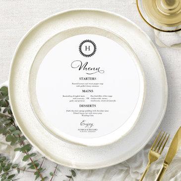 wreath monogram wedding menu invitations black and white