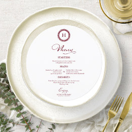 Small Wreath Monogram Wedding Menu Invitations Burgundy Front View