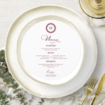 wreath monogram wedding menu invitations burgundy