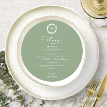 wreath monogram wedding menu invitations green sage