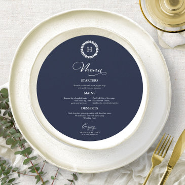 wreath monogram wedding menu invitations navy blue