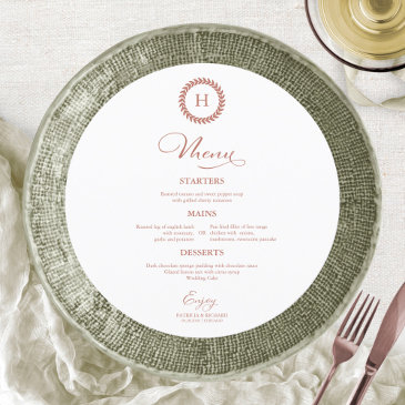 wreath monogram wedding menu invitations rose gold