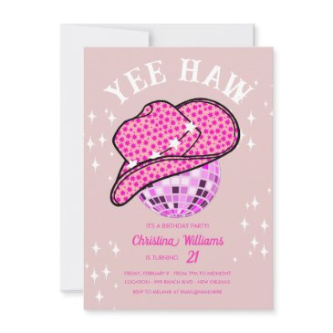 yee haw blush pink disco cowgirl rodeo birthday invitation