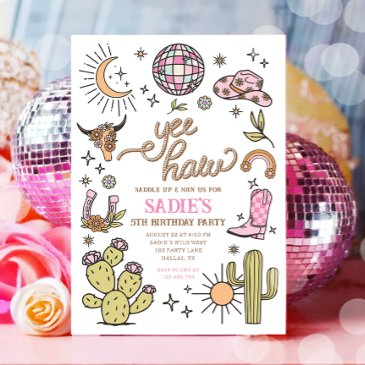yee haw girl rodeo retro disco cowgirl birthday invitation