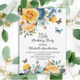 Small Yellow Dusty Blue Roses Butterflies 70th Birthday Invitation Front View