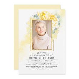 Small Yellow Floral Faded Foliage Funeral Photo Invitation Front View