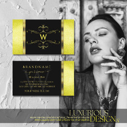Small Yellow Glitter Golden Ornaments Black And Monogram Business Invitations Front View