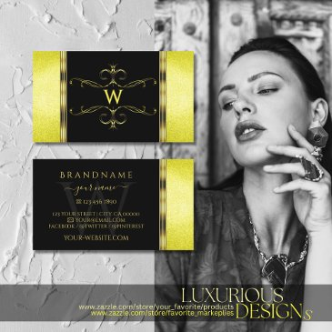 yellow glitter golden ornaments black and monogram business invitations
