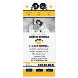 Small Yellow Gold Black Football Ticket Wedding Invite Front View