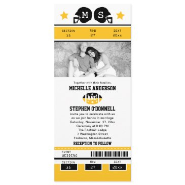 yellow gold black football ticket wedding invite