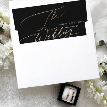 yellow gold modern elegant calligraphy wedding envelope liner