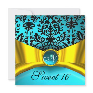 yellow gold ribbon teal blue black damask monogram invitation