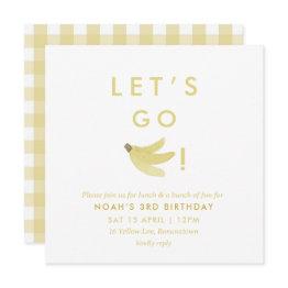 Small Yellow Lets Go Bananas Birthday Banana Party Theme Invitation Front View