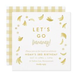 Small Yellow Lets Go Bananas Birthday Banana Party Theme Invitation Front View