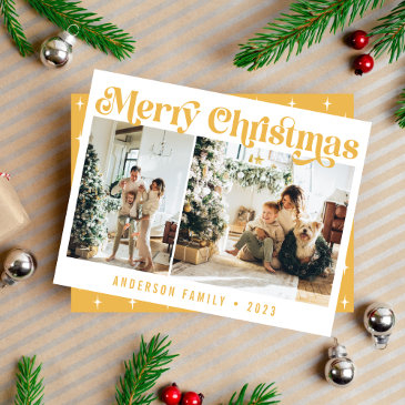 yellow minimalist retro christmas two photo holiday invitations