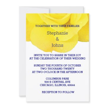 yellow white navy blue floral rose simple wedding invitation