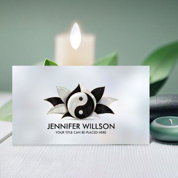 yin yang lotus flower - pearl and black marble business invitations