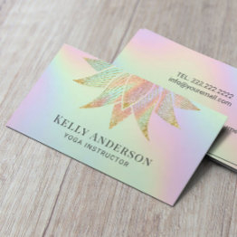 Small Yoga Instructor Lotus Flower Holographic Pastel Business Invitations Front View