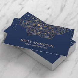 Small Yoga Instructor Lotus Mandala Elegant Navy & Gold Business Invitations Front View