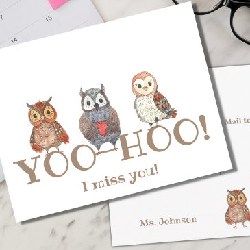 yoo-hoo watercolor owls i miss you school teacher postinvitations