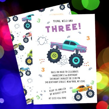 young wild 3rd birthday kids monster car trucks invitation