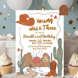 Small Young Wild And Three Desert Cowboy Birthday Invitation Front View
