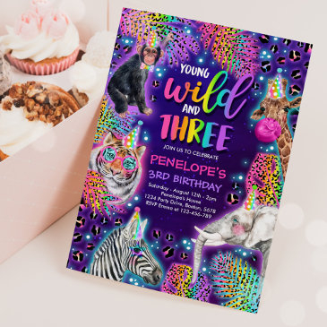 young wild and three safari neon cheetah birthday invitation