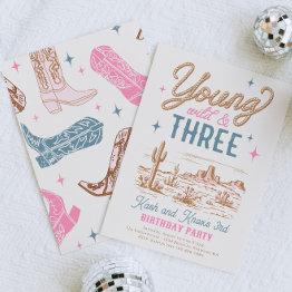 Small Young, Wild And Three Western Birthday Invitation Front View