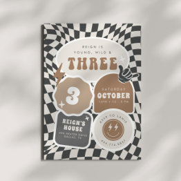 Small Young, Wild & Three | Boys 3rd Retro Birthday Invitation Front View