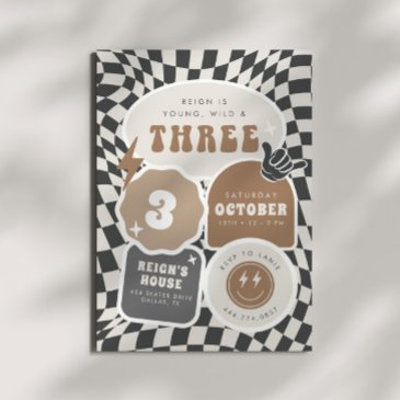 young, wild & three | boys 3rd retro birthday invitation