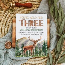 Small Young Wild & Three Deer Boys 3rd Birthday Invitation Front View
