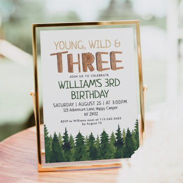 young wild & three rustic wood boys 3rd birthday invitation