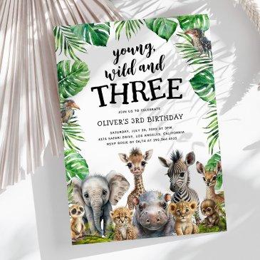 young wild & three safari 3rd birthday party invitation