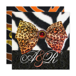 Small Zebra Fur,leopard Skin Bow ,black Damask Monogram Invitation Front View
